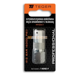 Czteroszczękowa końcówka węża smarownicy z blokadą M10x1. 413 BAR (6000 PSI) Professional TEGER