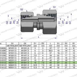 Złączka hydrauliczna metryczna AA M22x1.5 15L x M18x1.5 12L Waryński ( sprzedawane po 5 )