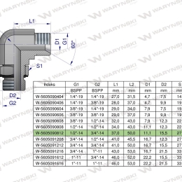 Kolanko hydrauliczne nastawne calowe BB 1/2" x 3/4" BSP z regulacją Waryński