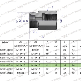 Tulejka różnicowa hydrauliczna metryczna AB M22x1.5 15L GZ x M18x1.5 GW Waryński ( sprzedawane po 2 )