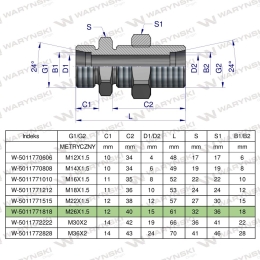 Złączka hydrauliczna metryczna grodziowa BB M26x1.5 18L z przeciwnakrętką (XSV) Waryńśki