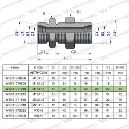 Złączka hydrauliczna metryczna grodziowa BB M16x1.5 10L z przeciwnakrętką (XSV) Waryński ( sprzedawane po 2 )