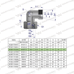 Kolanko hydrauliczne metryczne AB M16x1.5 10L (XEVW) Waryński ( sprzedawane po 5 )