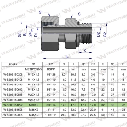 Przyłączka hydrauliczna AB (EVGE) M30x2 22L x 3/4" BSP ED Waryński