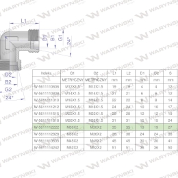 Kolanko hydrauliczne metryczne BB M30x2 22L (XW) Waryński