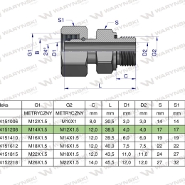 Przyłączka hydrauliczna metryczna AB (EVGE) M14x1.5 08L x M12x1.5 ED Waryński ( sprzedawane po 2 )
