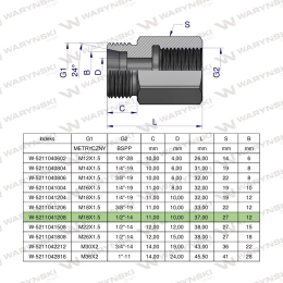 Tulejka różnicowa hydrauliczna AB M18x1.5 12L GZ x 1/2" BSP Waryński ( sprzedawane po 2 )