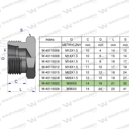 Korek hydrauliczny metryczny (na klucz) M30x2 22L Waryński ( sprzedawane po 2 )