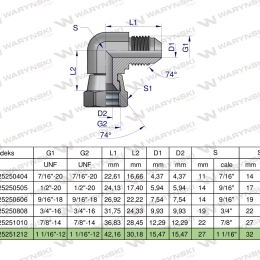Kolanko hydrauliczne calowe AB 1 1/16" UNF (JIC) Waryński