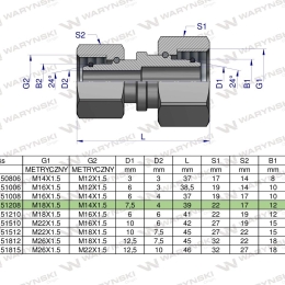 Złączka hydrauliczna metryczna AA M18x1.5 12L x M14x1.5 08L Waryński ( sprzedawane po 2 )