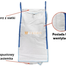 Worek BIG BAG 1000kg. wentylowany. 95 x 95 x 180. 4 uchwyty. Kołnierz/Lej spustowy. Tasiemka /TEGER