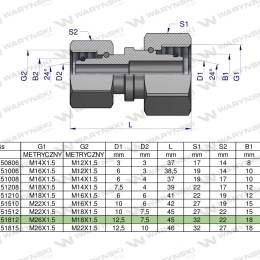 Złączka hydrauliczna metryczna AA M26x1.5 18L x M18x1.5 12L Waryński