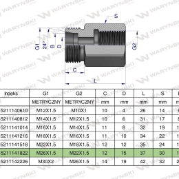 Tulejka różnicowa hydrauliczna metryczna AB M26x1.5 18L GZ x M22x1.5 GW Waryński