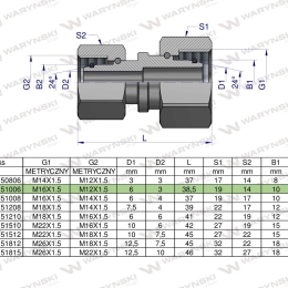 Złączka hydrauliczna metryczna AA M16x1.5 10L x M12x1.5 06L Waryński ( sprzedawane po 2 )