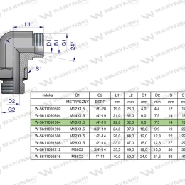 Kolanko hydrauliczne nastawne BB M16x1.5 10L x 1/4"BSP z regulacją Waryński ( sprzedawane po 2 )