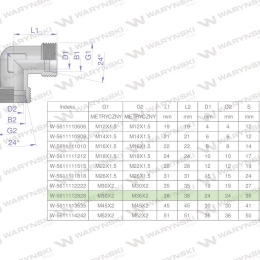 Kolanko hydrauliczne metryczne BB M36x2 28L (XW) Waryński