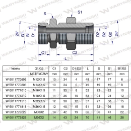 Złączka hydrauliczna metryczna grodziowa BB M36x2 28L z przeciwnakrętką (XSV) Waryński