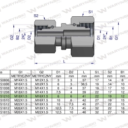 Złączka hydrauliczna metryczna AA M18x1.5 12L x M16x1.5 10L Waryński ( sprzedawane po 5 )