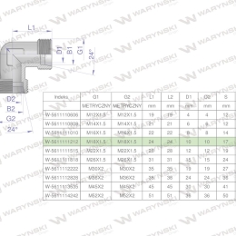 Kolanko hydrauliczne metryczne BB M18x1.5 12L (XW) Waryński ( sprzedawane po 5 )
