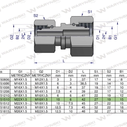 Złączka hydrauliczna metryczna AA M22x1.5 15L x M16x1.5 10L Waryński ( sprzedawane po 5 )