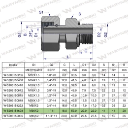Przyłączka hydrauliczna AB (EVGE) M36x2 28L x 1" BSP ED Waryński