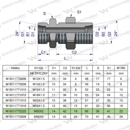 Złączka hydrauliczna metryczna grodziowa BB M30x2 22L z przeciwnakrętką (XSV) Waryński
