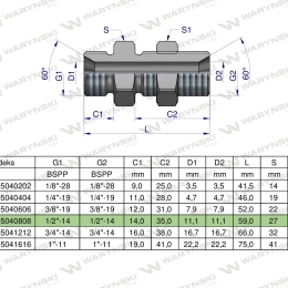 Złączka hydrauliczna calowa grodziowa BB 1/2" BSP z przeciwnakrętką (XSV) Waryński ( sprzedawane po 2 )