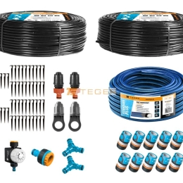 Zestaw nawadniania kropelkowego PROFESSIONAL 100 m z kompensacją (2 linie kroplujące. wąż 20m. szybkozłączki. zegar) / TEGER