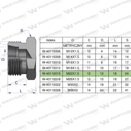 Korek hydrauliczny metryczny (na klucz) M22x1.5 15L Waryński ( sprzedawane po 10 )