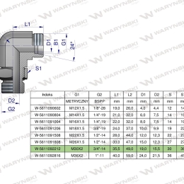 Kolanko hydrauliczne nastawne BB M30x2 22L x 3/4"BSP z regulacją Waryński