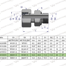 Przyłączka hydrauliczna metryczna AB (EVGE) M22x1.5 15L x M18x1.5 ED Waryński ( sprzedawane po 2 )