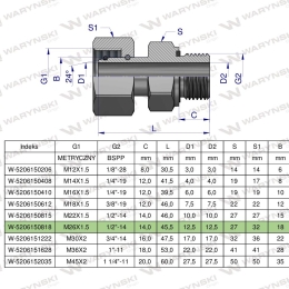 Przyłączka hydrauliczna AB (EVGE) M26x1.5 18L x 1/2" BSP ED Waryński
