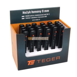 Nożyk łamany, ostrze 9mm ze stali SK2 w obudowie z tworzywa ABS sprzedawane w kartoniku ekspozycyjnym, (sprzedawane po 24), do prac wykończeniowych warsztatowych pomocniczych, Teger