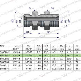Złączka hydrauliczna calowa grodziowa BB 1/4" BSP z przeciwnakrętką (XSV) Waryński ( sprzedawane po 2 )