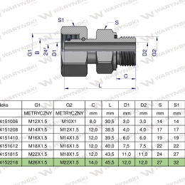 Przyłączka hydrauliczna metryczna AB (EVGE) M26x1.5 18L x M22x1.5 ED Waryński ( sprzedawane po 2 )