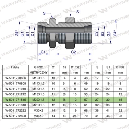 Złączka hydrauliczna metryczna grodziowa BB M22x1.5 15L z przeciwnakrętką (XSV) Waryński ( sprzedawane po 2 )