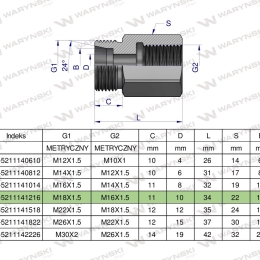 Tulejka różnicowa hydrauliczna metryczna AB M18x1.5 12L GZ x M16x1.5 GW Waryński ( sprzedawane po 2 )