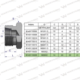Korek hydrauliczny metryczny (na klucz) M36x2 28L Waryński ( sprzedawane po 2 )