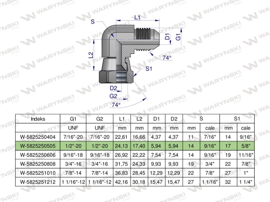 Kolanko hydrauliczne calowe AB 1/2" UNF (JIC) Waryński
