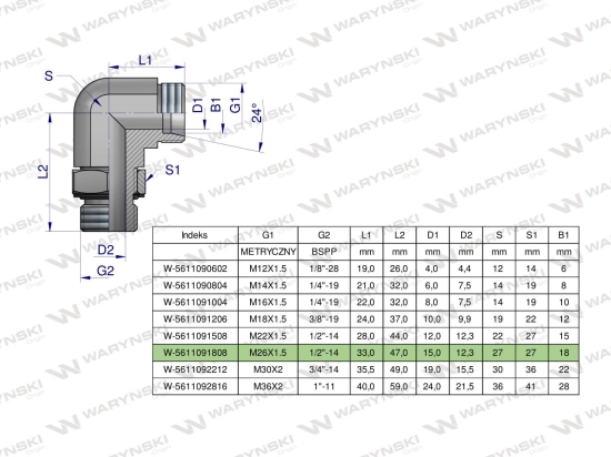 Kolanko hydrauliczne nastawne BB M26x1.5 18L x 1/2"BSP z regulacją Waryński