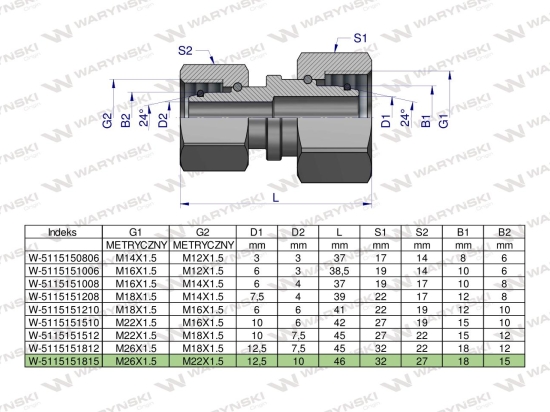 Złączka hydrauliczna metryczna AA M26x1.5 18L x M22x1.5 15L Waryński
