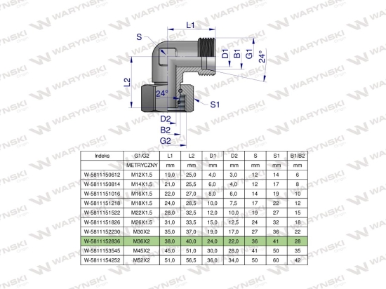 Kolanko hydrauliczne metryczne AB M36x2 28L (XEVW) Waryński