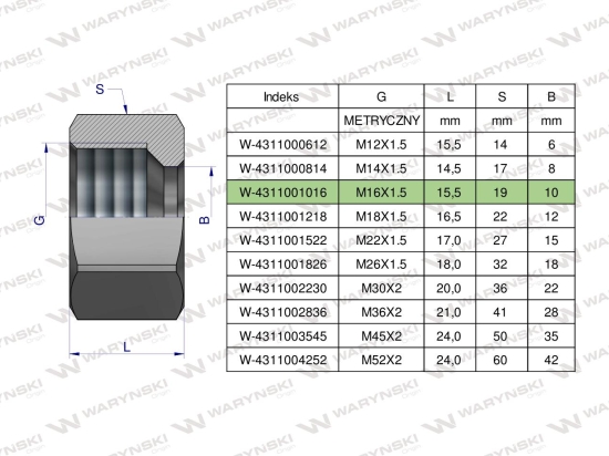 Nakrętka hydrauliczna metryczna (M10L) M16x1.5 10L Waryński ( sprzedawane po 20 )