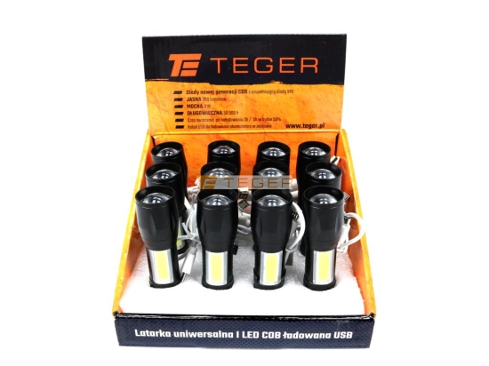 Latarka uniwersalna LED COB 200 lm ładowana USB sprzedawana po 12 szt w kartoniku ekspozycyjnym Teger