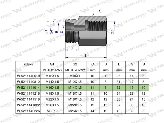 Tulejka różnicowa hydrauliczna metryczna AB M16x1.5 10L GZ x M14x1.5 GW Waryński ( sprzedawane po 2 )