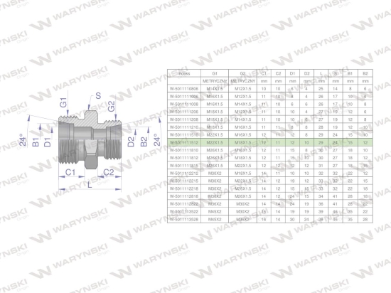 Złączka hydrauliczna redukcyjna metryczna BB 22/18  M22x1.5 15L / M18x1.5 12L (XG) Waryński ( sprzedawane po 10 )