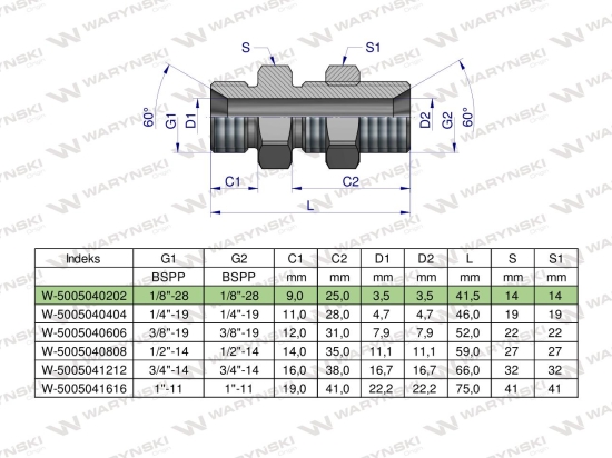 Złączka hydrauliczna calowa grodziowa BB 1/8" BSP z przeciwnakrętką (XSV) Waryński ( sprzedawane po 2 )