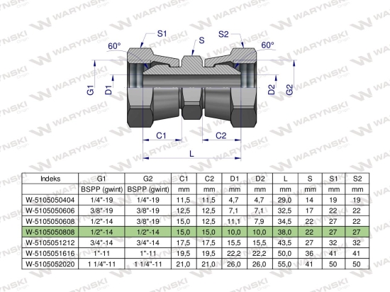 Złączka hydrauliczna calowa AA 1/2" BSP Waryński ( sprzedawane po 2 )