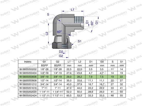 Kolanko hydrauliczne calowe AB 3/8" BSP Waryński