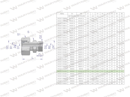 Złączka hydrauliczna metryczna AB (XKOR) A-M45x2 35L / B-M16x1.5 10L Waryński